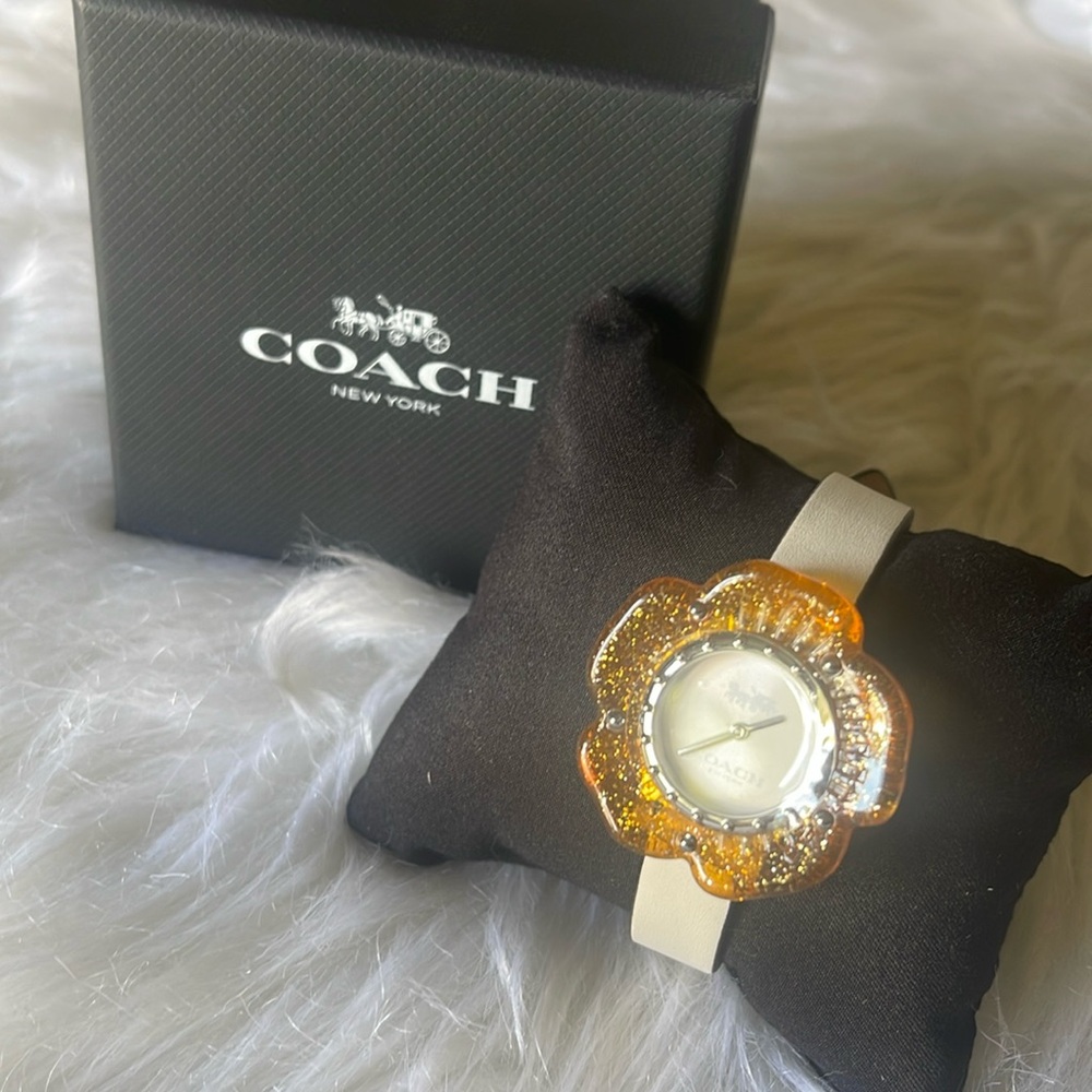 Coach Flower Watch With 36mm Golden Tone Flower Face &off White Leather Band